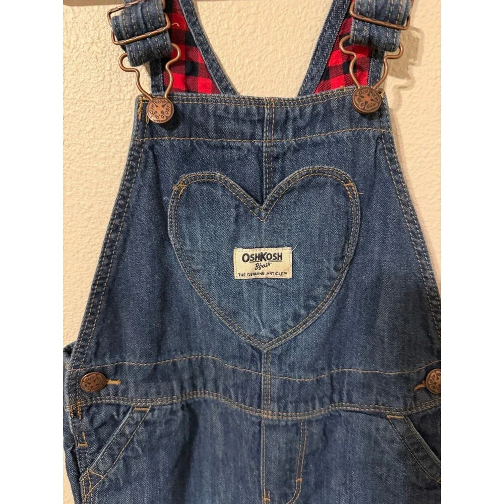 OshKosh Denim Overalls Red And Black Checked Lining Heart Pocket 5T